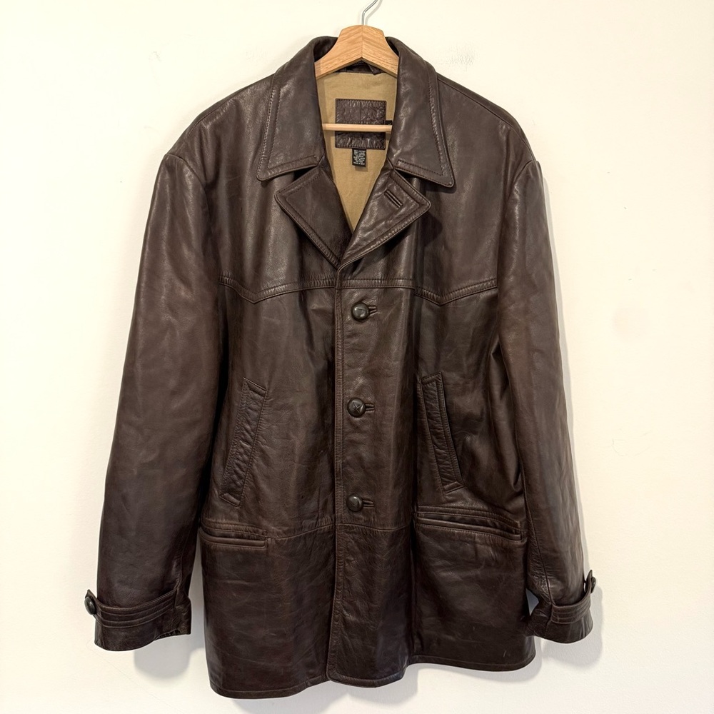 VTG J.Crew Brown Leather Moleskin Lining Button Chore Work Jacket